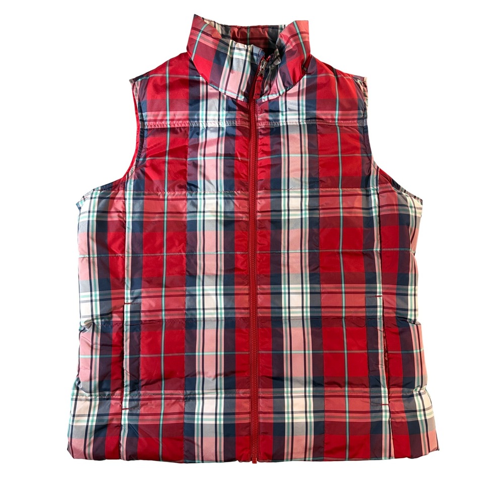 Lands End Red Plaid Down Puffer Vest Womens Large 14-16 Quilted Full Zip Tartan